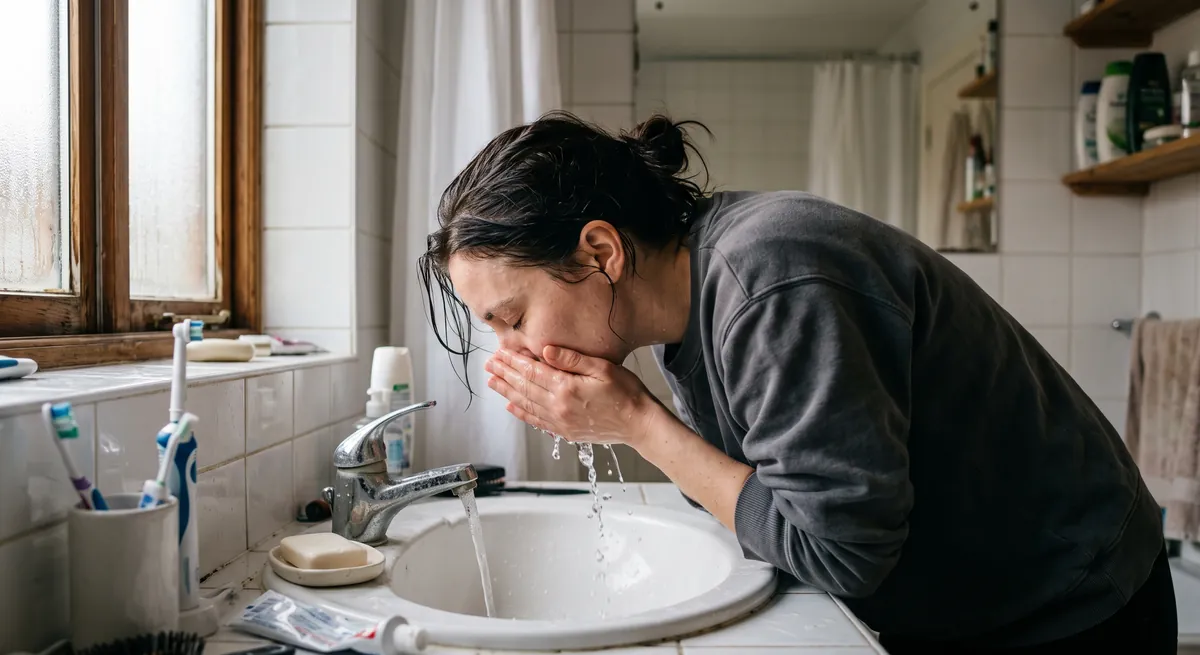 A person leaning over a bathroom sink, cupping cold water to their face, morning light through the window, an ordinary, unglamorous reset rather than a wellness photoshoot