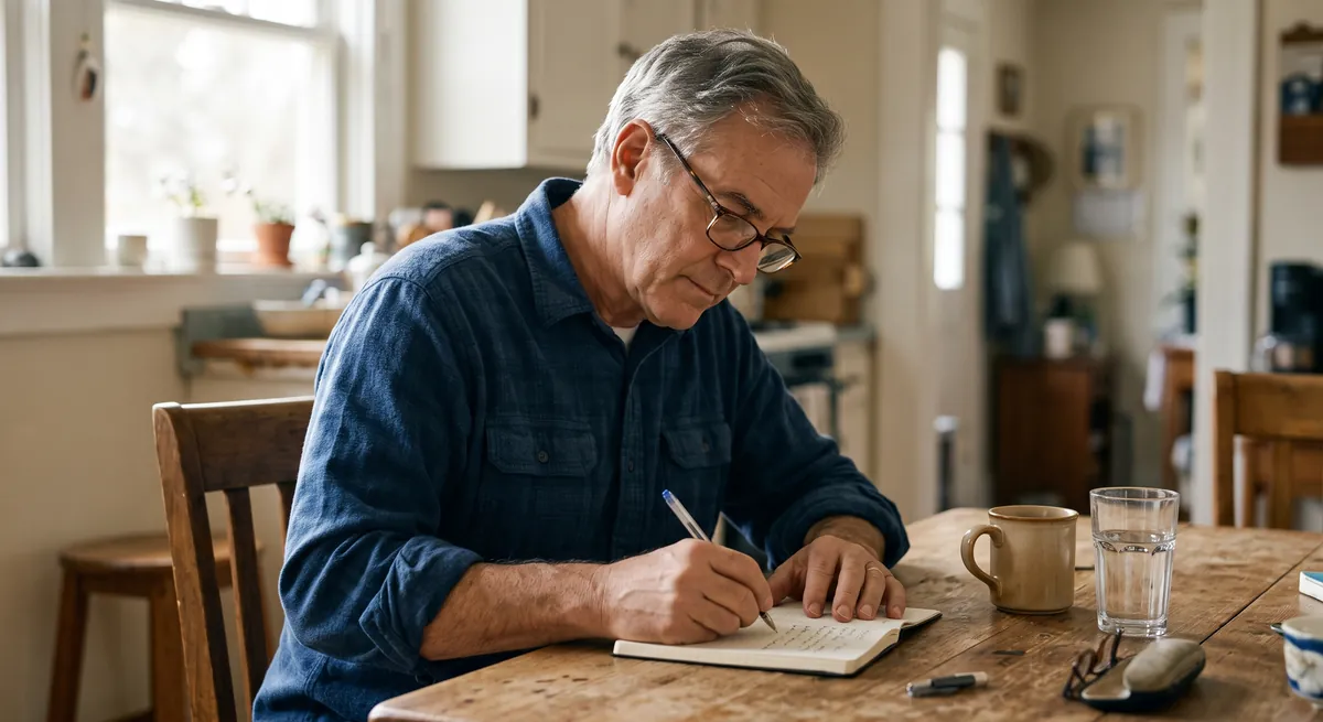 A man in his 60s at a kitchen table in the morning writing in a small paper notebook beside a glass of water and a cup of coffee, soft daylight from a window