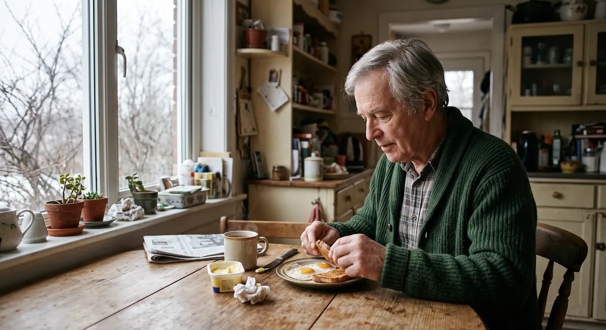 An older man eating a breakfast of eggs and toast with a mug of tea at a kitchen table beside a window on a grey winter morning